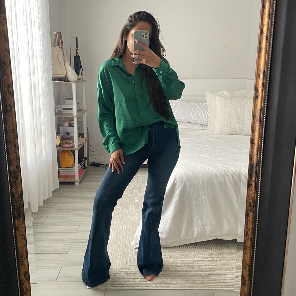 ZARA Emerald Green Soft Silky Long Sleeve Button Down
